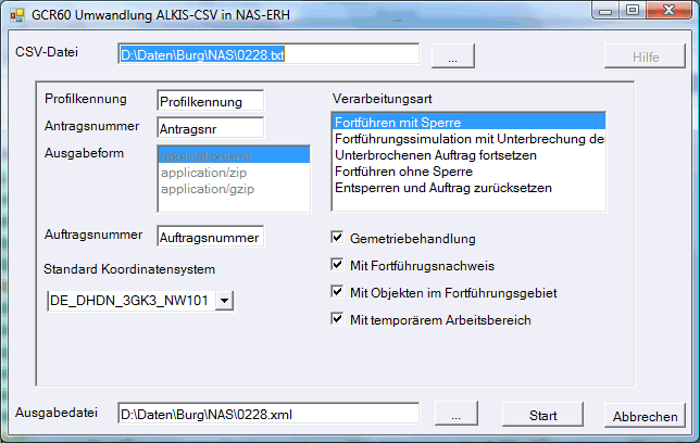 Die Eingabemaske von GCR4-CSV